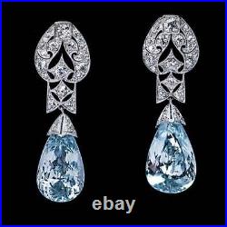 1950s Art Deco Vintage Style Pear Cut 17.29CT Aquamarine & White CZ Earrings