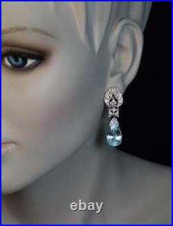 1950s Art Deco Vintage Style Pear Cut 17.29CT Aquamarine & White CZ Earrings