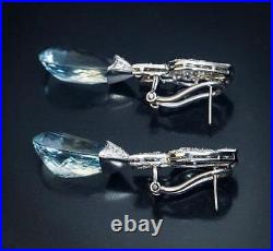 1950s Art Deco Vintage Style Pear Cut 17.29CT Aquamarine & White CZ Earrings