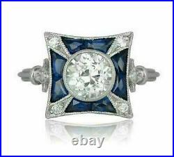 2.00Ct Round Cut Diamond & Blue Engagement Art Deco Ring 14K White Gold Over