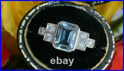 2.10CT Vintage Style Art Deco Aquamarine & Created Ring 14K White Gold Finish