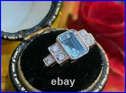 2.10CT Vintage Style Art Deco Aquamarine & Created Ring 14K White Gold Finish