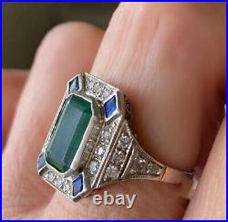 2.35 Ct Simulated Emerald Vintage Art Deco Engagement Ring 14K White Gold Over