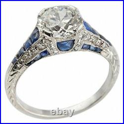 2.55 CT Lab-Created Diamond & Sapphire Art Deco Vintage Engagement Silver Ring