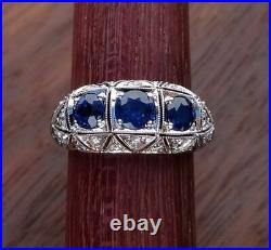 2.5Ct Art Deco Style Blue Sapphire Round Cut Lab Created Diamond 925 Silver Ring