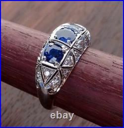 2.5Ct Art Deco Style Blue Sapphire Round Cut Lab Created Diamond 925 Silver Ring