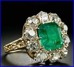 2.90 Ct Green Emerald Vintage Art Deco Engagement Ring In 14K Yellow Gold Finish