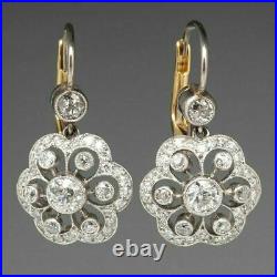 2 Ct Antique Vintage Art Deco Diamond Halo Earrings 1930s 14K White Gold Finish