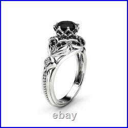 2 Ct Black Round Cut Moissanite Vintage Art Deco Engagement Ring in 925 Silver