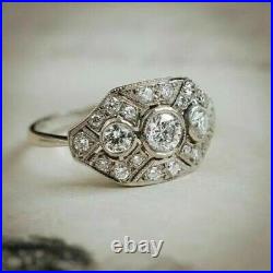 2 Ct Round Cut Real Moissanite Art Deco Vintage Style Ring 14K White Gold Plated