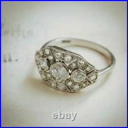 2 Ct Round Cut Real Moissanite Art Deco Vintage Style Ring 14K White Gold Plated