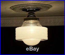 264 Vintage Antique arT Deco Ceiling Light Lamp Chrome Fixture Glass Hall Bath