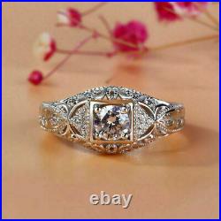 2CT Round Cut Diamond Vintage Art Deco Milgrain Engagement Ring 14K WithGold Over