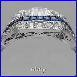 2CT Round Moissanite Art Deco Vintage Sapphire Engagement Ring 14K White Gold FN