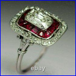 2Ct Emerald Cut VVS1 Diamond & Ruby Art Deco Engagement Ring 14K White Gold Over