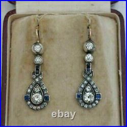 2Ct Lab Created Sapphire Diamond Vintage Art Deco Earrings 14K White Gold Plated