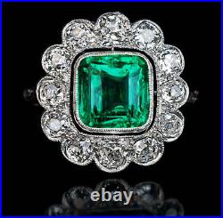 3 Ct Cushion Emerald Vintage Art Deco Cluster Engagement Ring Lab Created
