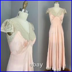30s Peach Silk Slip Dress 20s Negligee Night Gown Ecru Lace Bias Cut Vtg Boudoir