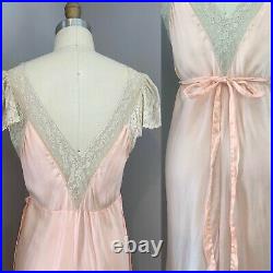 30s Peach Silk Slip Dress 20s Negligee Night Gown Ecru Lace Bias Cut Vtg Boudoir