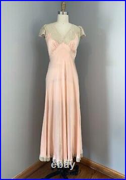 30s Peach Silk Slip Dress 20s Negligee Night Gown Ecru Lace Bias Cut Vtg Boudoir