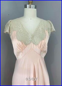 30s Peach Silk Slip Dress 20s Negligee Night Gown Ecru Lace Bias Cut Vtg Boudoir