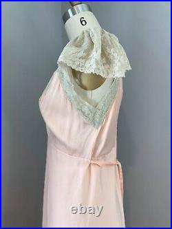 30s Peach Silk Slip Dress 20s Negligee Night Gown Ecru Lace Bias Cut Vtg Boudoir