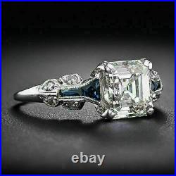 3CT Asscher Simulated Diamond Art Deco Vintage Engagement Ring 14K White Gold FN