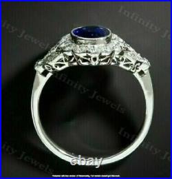 3CT Oval Lab Created Sapphire Art Deco Vintage Ring 14K White Gold Silver Plated