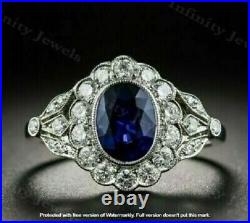 3CT Oval Lab Created Sapphire Art Deco Vintage Ring 14K White Gold Silver Plated