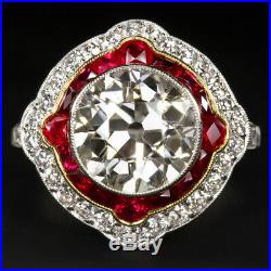 4 Carat Old European Cut Diamond Engagement Ring Ruby Platinum Vintage Art Deco