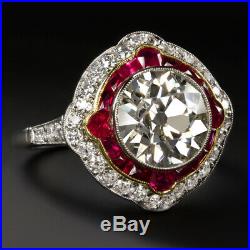 4 Carat Old European Cut Diamond Engagement Ring Ruby Platinum Vintage Art Deco