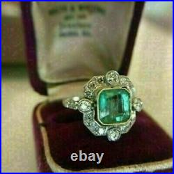 4CT Lab-Created Green Emerald Antique Art Deco Vintage Ring 14K White Gold Over