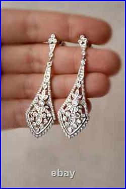 4Ct Lab Created Diamond Art Deco Vintage Dangle Earrings 14K White Gold Finish