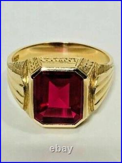 5Ct Red Ruby Lab-Created Vintage Art Deco Men's Ring 14K Yellow Gold Finish