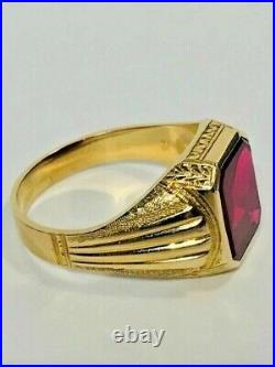 5Ct Red Ruby Lab-Created Vintage Art Deco Men's Ring 14K Yellow Gold Finish