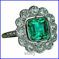 925 Sterling Silver Art Deco 4.50Ct Green Emerald & Diamond Antique Vintage Ring