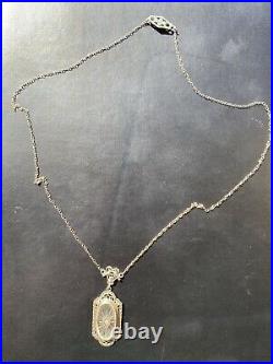 ANTIQUE ART DECO CAMPHOR GLASS DIAMOND 14k GOLD FILIGREE NECKLACE