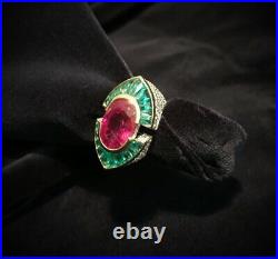 Amazing Art Deco Vintage Look Ruby 10.45ct With 3.10ct Emerald 925 Silver Ring