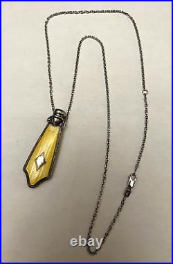 Antiq Art Deco Sterling Silver Guilloche Enamel Perfume Bottle Pendant Necklace