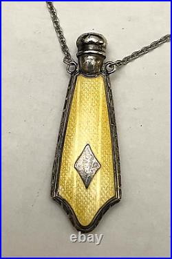 Antiq Art Deco Sterling Silver Guilloche Enamel Perfume Bottle Pendant Necklace