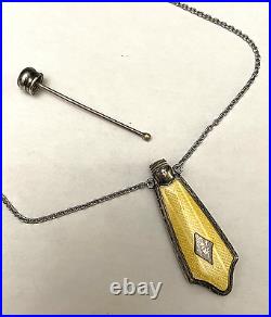 Antiq Art Deco Sterling Silver Guilloche Enamel Perfume Bottle Pendant Necklace