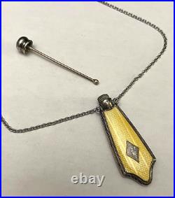 Antiq Art Deco Sterling Silver Guilloche Enamel Perfume Bottle Pendant Necklace