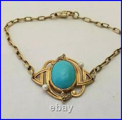Antique 14k gold Art Deco Turquoise and Pearl Bracelet Pre-owned