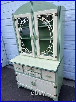 Antique 1920s Hoosier Kitchen Cabinet Porcelain Top With Glass Doors Green