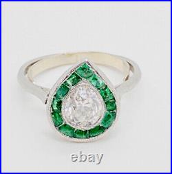 Antique Art Deco 1 Carat Diamond & Emerald Ring Platinum Size 4