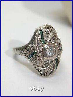 Antique Art Deco 14K White Gold Emerald and Diamond Domed Ring Size 7
