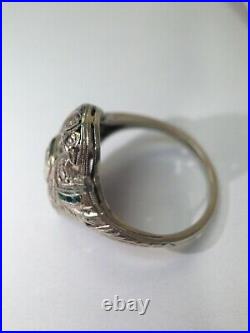 Antique Art Deco 14K White Gold Emerald and Diamond Domed Ring Size 7
