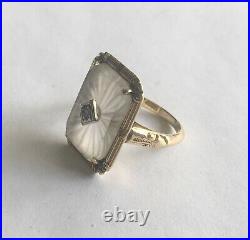 Antique Art Deco 14k Yellow Gold Frosted Crystal Ring With Diamond