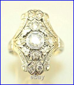 Antique Art Deco 18k White Gold Filigree Diamond Ring. 15 Ct + 8 Accents Size 5