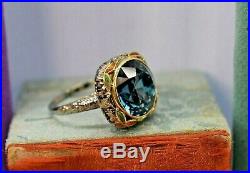 Antique Art Deco 18k yellow white gold filigree enamel large blue zircon ring